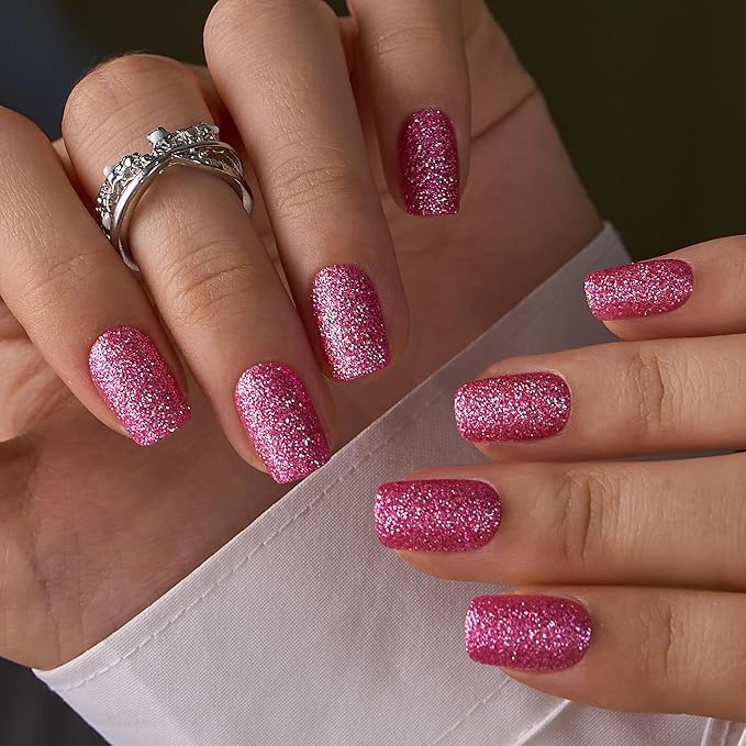 CurvLife Soft Gel Short Press On Nails Square, Long-Lasting Reusable Fake Nails Kit with Glue & Tabs, 30pcs Salon-Quality Stick On Nails for Women At-Home Manicure (Glitter Pop)