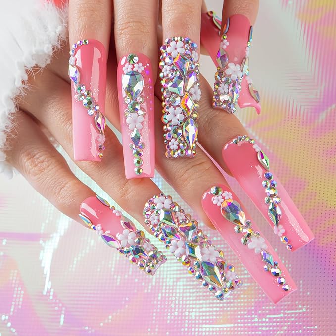 LOVFUL Press on Nails Pink Crystal Dream| Handmade Acrylic Press ons| Reusable Fake False Nails| Square Mid length 1.7in| H708-L