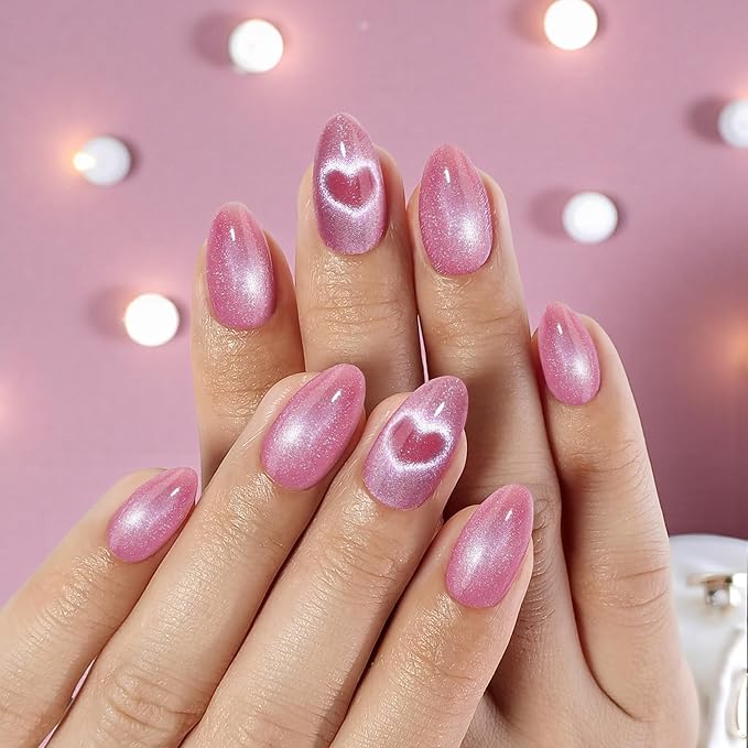 Press On Nails - Love Beam | Heart Cat Eye, UV Finish Almond Nails, Salon Quality | 32 Nails, 16 Sizes Kit with Glue and Adhesive Tabs I Female Founded - Beauty, Self Care