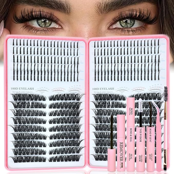 Lash Clusters Kit with Spikes, 100D+100D Left Right Eyelash Clusters Extensions Individual D Curl Fluffy Wispy False Eyelashes DlY Manga Lashes Extension Kit (12-22mm, Left Right Lash Clusters Kit)