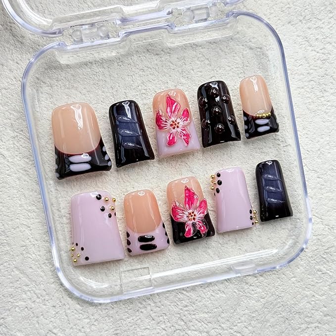 10 Pcs Handmade Duck Press on Nails 3D Art Flower Fake Nails with Golden Pearl Design Reusable Artificial Acrylic False Nail for Women Girls DIY（Size M)
