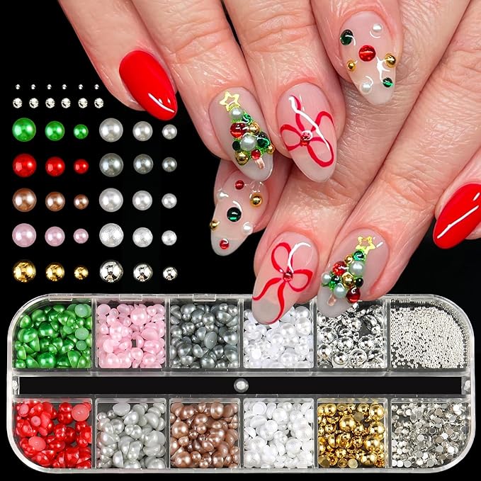 3D Nail Art Pearls and Beads Set, Colorful Half-Round Gems & Rhinestones, Mix Sizes Gold Beads for Nails, Christmas Nail Decorations Accessories DIY Manicure Supplies with Picker Tools