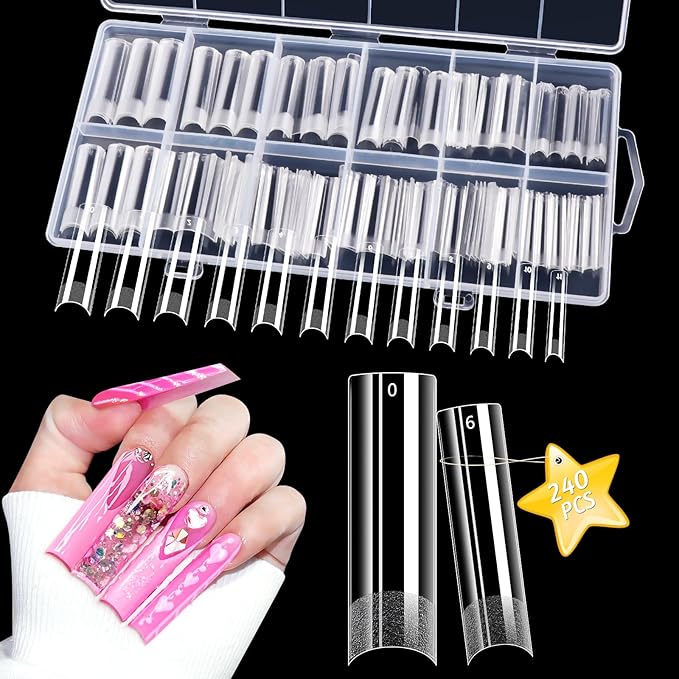 Lionvison Square Nail Tips NO C Curve, XL Clear Nail Tip for Acrylic Nails Professional, Long Nail Tips Straight Flat Pre Shaped Half Cover False Nails French Tips for Nail Salon Home DIY, 12 Sizes