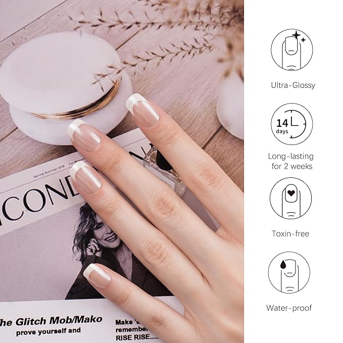 DANNI & TONI Semi Cured Gel Nail Strips Classic French (Lily Grace) Shiny French Tip Gel Nail Wraps UV Led Nails 28 Stickers