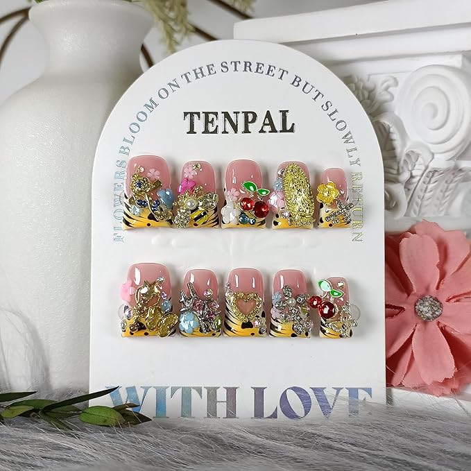 Short Duckbill Press on Nails,Pale Yellow French Tip Fake Nails with 3D Bee & Fairy Charms,Glossy 10PCS Halloween Glue on Duck Nails Kit,Glitter Icy Cottagecore Y2K False Nails for Women(S)