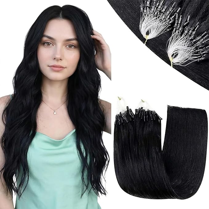 RUNATURE 22 Inch Microlink Hair Extensions Real Human Hair Black #1 Remy Human Hair Micro Bead Extensions Human Hair Pre Bonded Full Ends Micro Bead Hair Extensions 50g 50s