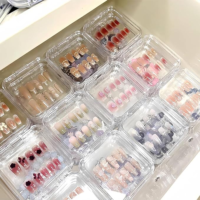 Press On Nail Organizer Box Kit,15 PCS Clear Press On Nail Storage Boxes and 1 Large Container Box,60pcs Adhesive Tape, Fake Nail Organizer Display Case Press On Nail Packaging for Home Nail Salon Use