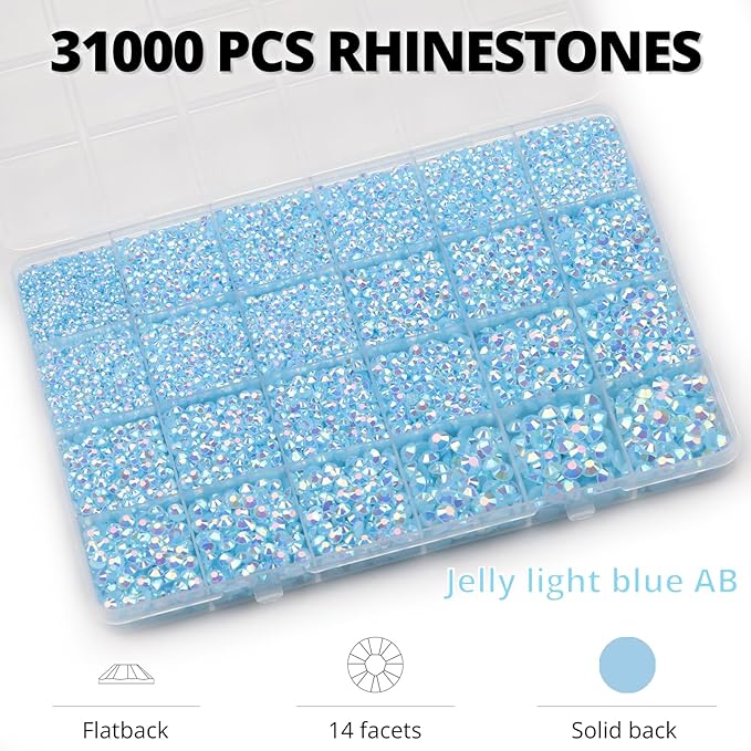 33000Pcs Light Blue Rhinestones for Bedazzling, Bedazzler Kit with Flatback Craft Rhinestones Bulk and B7000 Glue, 2,3,4,5,6mm Resin Flat Back Crystals for Craftings, Crafts, Clothes, Shoes, Nails
