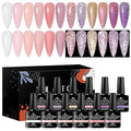 12Pcs Nude Pink Builder Gel for Nails + Reflective Glitter Gel Nail Polish Set Pink Purple Soak Off Uv/Led Nail Polish Kit DIY Manicure