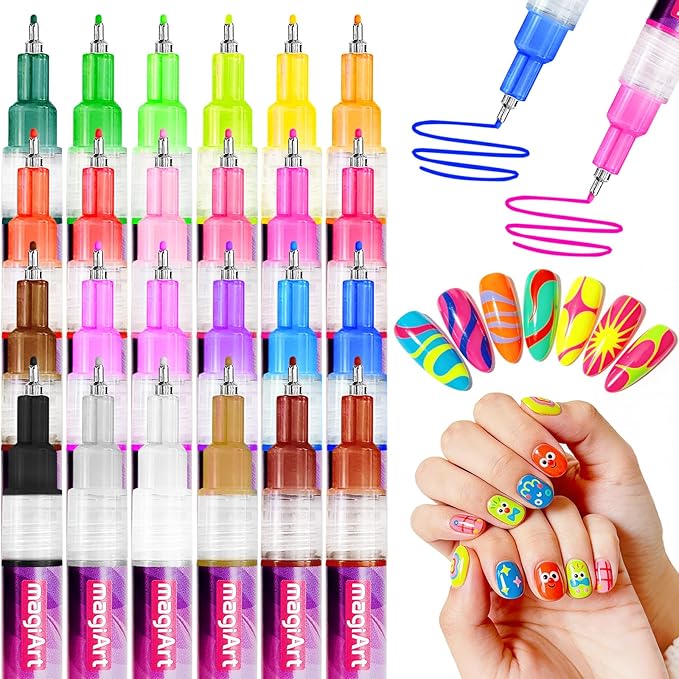 Glow In The Dark Nail Art Pens, 24 Color 0.5 MM Fluorescent Neon Nail Polish Pens Set Drawing Point Painting Liner Painted Pen Kit, Waterproof Nail for DIY Design Manicure Tools