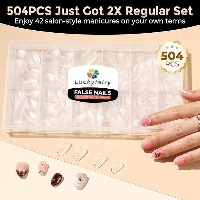 Extra Short Almond Fake Nails, 504pcs Soft Gel Pre-Shaped Acrylic Nail Tips, Half Matte Full Cover Clear Gelly Press on Flase Nail Tips for Extension Nail Manicure Home DIY 12 Sizes