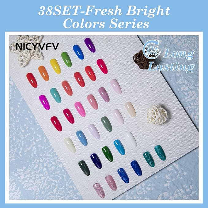 38 PCS Gel Nail Set, 32 Colors Gel Polish Set Neon Pastel Shades, with Gold Silver Glitter and Glossy Matte Top Coat, Base Coat Builder gel, for Women Gift Kit