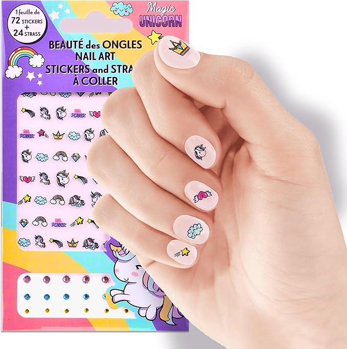 Unicorn Nail Stickers – 1 Sheet with 72 Stickers + 24 Rhinestones – Self-Adhesive Nail Art for Girls – Fun Activity & Gift Idea for Birthdays, Crafts, Party Bags and Playdates