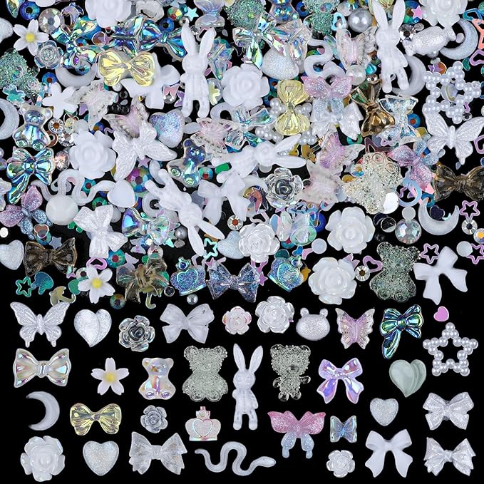 100 Pieces 3D Resin Butterfly Bear Nail Charms Rose Flower Peach Skirt Bow Deer Snake Rabbit Animal Shaped Nail Art Rhinestones Pearls for DIY Nail Art Decoration Making Craft (White)