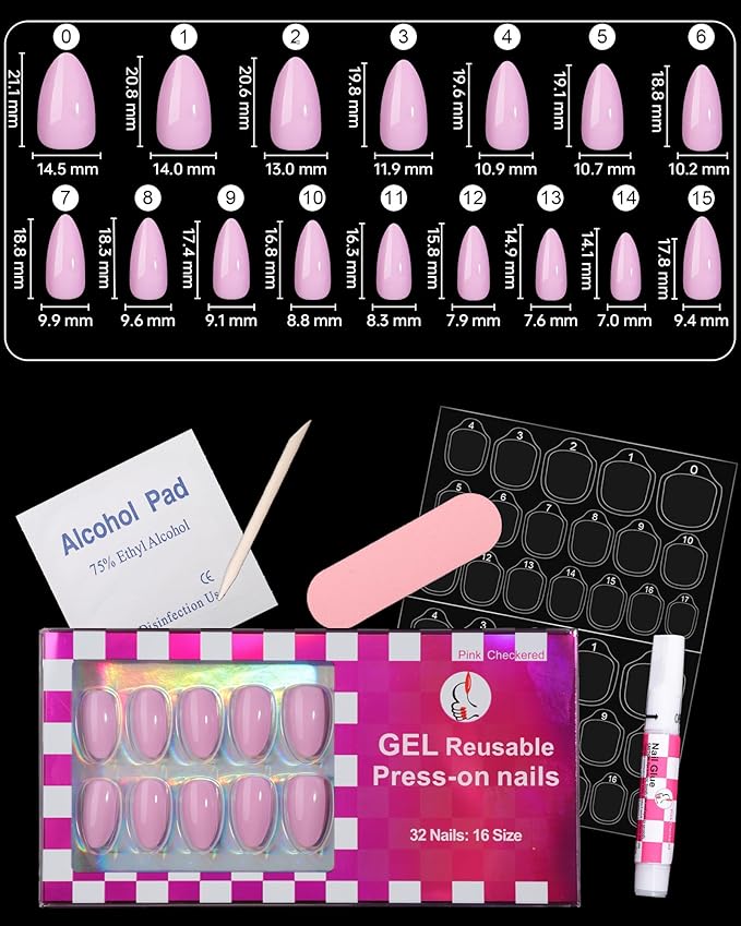 Pink Press On Nails Short 16 Sizes 32pcs Almond Fake Nails Glossy, Nail Glue Included