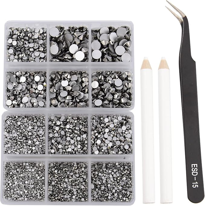 NCB 8000pcs Non Hotfix Rhinestones 10 Sizes Flatback Crystal Glass Rhinestones with Tweezers and Picking Pen for Nail Art Clothes Bags Phone Decorations Crafts DIY (031 Jet Hematite Mix SS3-SS30)