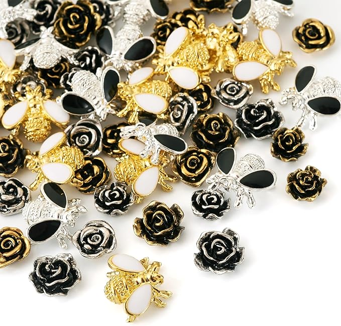Craftdady 60Pcs Alloy Enamel Bee Rose Nail Art Cabochons Antique Flower Nail Charms Flatbak Metal Nail Beads for Nail Art Scrapbooking DIY Hair Clip Crafts Jewelry Making Supplies