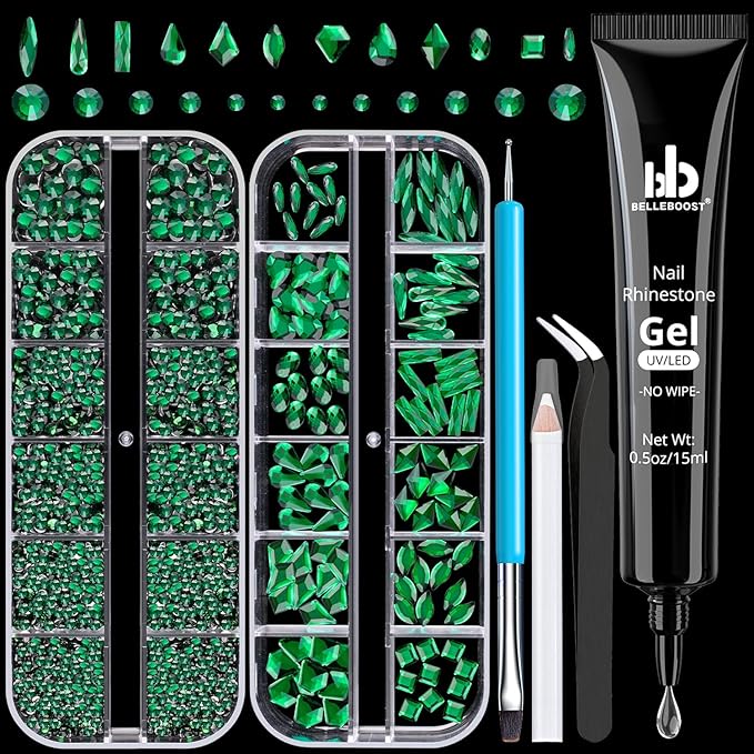 Rhinestones for Nails, Manicure Kit with Nail Rhinestone Glue Gel, Multi Shapes Dark Green Glass 3D Nail Charms + Flatback 2-5mm Round Beads & Gem Glue for Nails (UV/LED Needed) with Dotting Tools