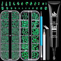 Rhinestones for Nails, Manicure Kit with Nail Rhinestone Glue Gel, Multi Shapes Dark Green Glass 3D Nail Charms + Flatback 2-5mm Round Beads & Gem Glue for Nails (UV/LED Needed) with Dotting Tools