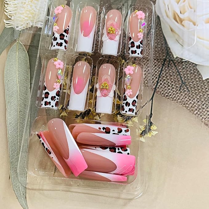 Press on Nails Coffin Long Length Acrylic Glossy Full Cover Square Shaped French False Nails with Designs Artificial Extra Long Fake Nails with Charms Glue ons Fingernails for Women(AS22)