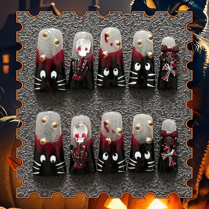 Long Duck Press on Nails - Hand-Painted Black Cat Design False Nails with Y2k Edgy Style Gold Spike Studs & Halloween Blood Drop Designs - Glossy High French Nails Tips (Hand-Painted Cat, S)