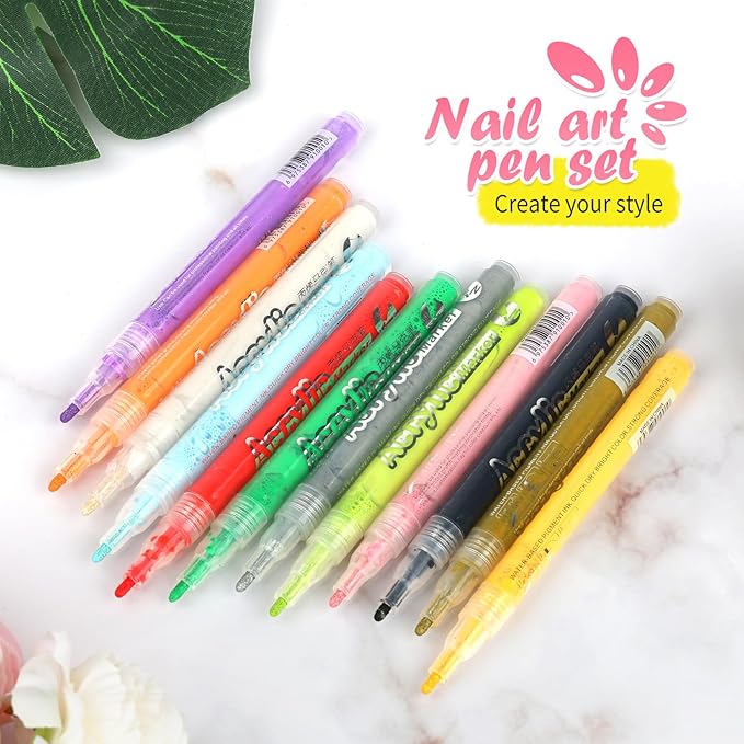 Nail Art Pens for Painting Nails,12 Colors Nail Polish Pens Quick Dry,3D Acrylic Nail Art Markers,Manicure Tools Design Kit for Home Salon