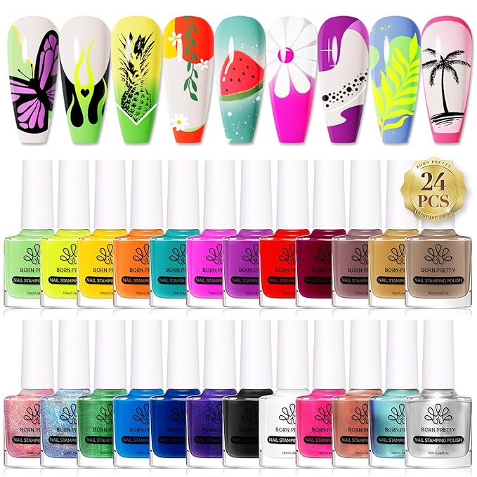 Born Pretty Nail Art Stamping Polish Holographic Chameleon Effect Fingernail Stamp Polish Set Manicure Print Nail Polish for Stamping Plates 24 Colors Bulk Nail Polish Set Gift Collection