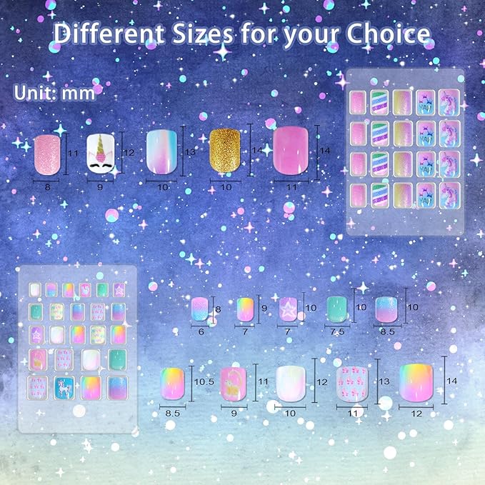 SIUSIO 124 Pcs 6 Pack Children Acrylic Fake Nails Press on Cute Pre-glue Full Cover Glitter Gradient Color Rainbow Short Kids Stick On False Nail Art Kits Set for Kids Little Girls - Dreamy Fairy