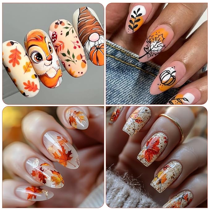 Fall Nail Stickers - Autumn Squirrel Pumpkin Leaves Self-Adhesive 3D Nail Decals for Women Girls DIY Thanksgiving Day Maple Manicure (6 Sheets)