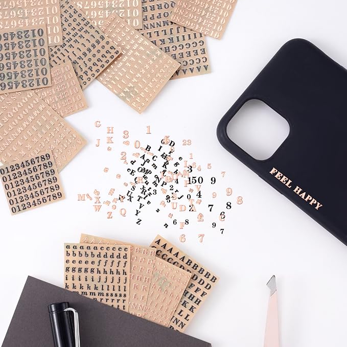 ANCIRS 8 Sheets Resin Mini Letter Stickers for Nail Art, Glittering Epoxy Alphabet Number, Self Adhesive Scrapbook for DIY Craft (Black, Rose Gold)