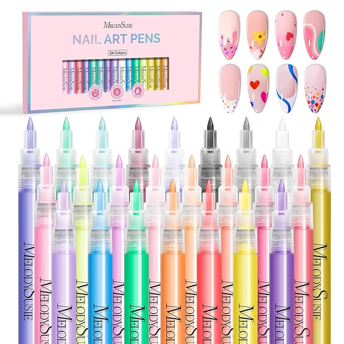 MelodySusie Nail Art Pens Set, 24 Colors 0.7MM Nail Polish Pens for Nail Art, Nail Dotting Tool, Drawing Pen for Nail Design, Manicure Nail Pens for Salon and DIY at Home