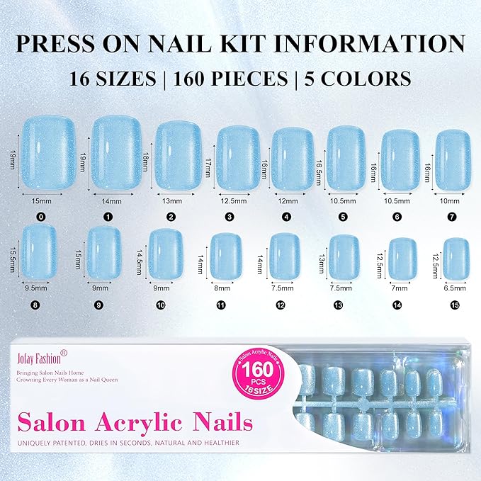 Press on Nails Short 5 Styles, Jofay Fashion 160Pcs Valentines Cat Eye Press on Nails for Women, Reusable Opaque Gel Fake Nails, Square Glue On Nails in 16 Sizes, Island