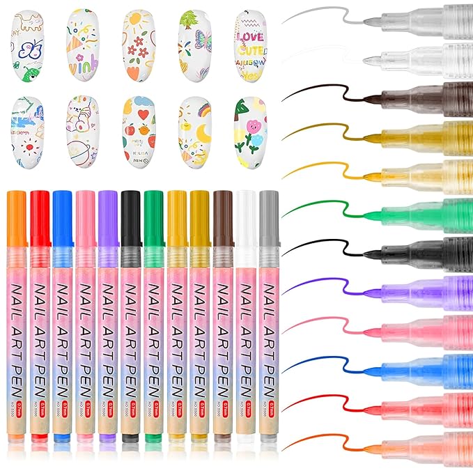 12 Colors Nail Art Pens Set, 2026 New 3D Nail Polish Pens, Paint Nail Drawing Liner Graffiti Dotting Nail Art Pen Kit Tools Nails Art Markers for Painting Point Liner DIY, Quick Dry(12 Colors)