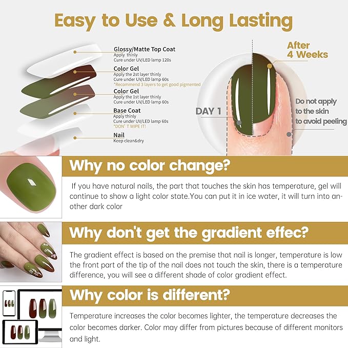 YTD Likomey Color Changing Gel Nail Polish,15ml Translucent Green To Brown Mood Temperature Change Colors Ombre Thermal Salon Home Fall Winter Manicure UV Varnish,WB07