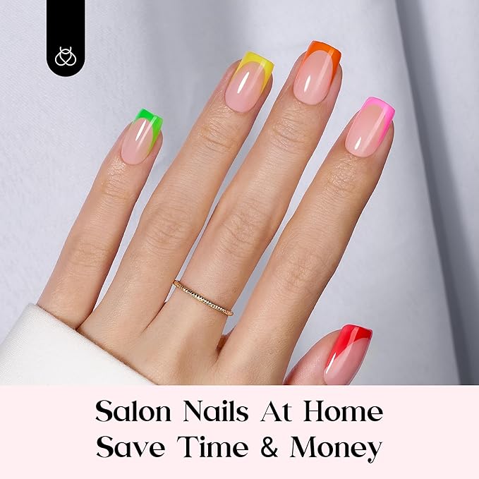 Beetles Summer Press On Nails 224 Pcs 7 Colors, French Tip Nails Short Squoval Classic Fake Nail Tips, Rainbow Soft Gel Nails False Nails Art DIY For Women