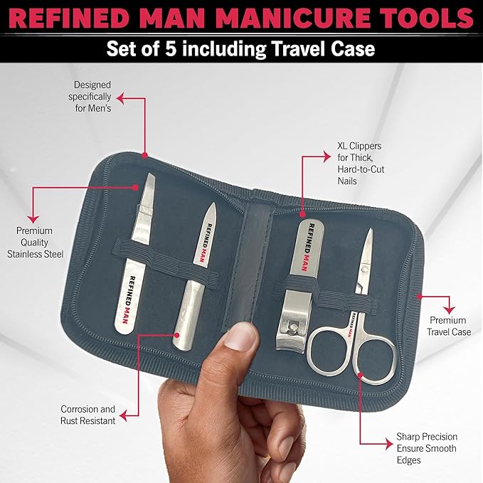 BLKSMITH Refined Man Manicure and Pedicure Kit Set of 5 - Manicure Kit for Men - Nail Clipper Kit with Nail File, Clippers, Scissors, Tweezer & Travel Case - Designed for Men (Brown/Navy)