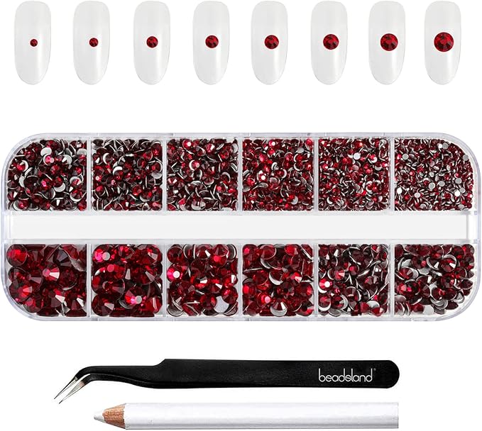 Beadsland Rhinestones for Makeup,8 sizes 2500pcs Dark Red Flatback Rhinestones Face Gems for Nails Crafts with Tweezers and Wax Pencil,Dark Siam,SS4-SS30