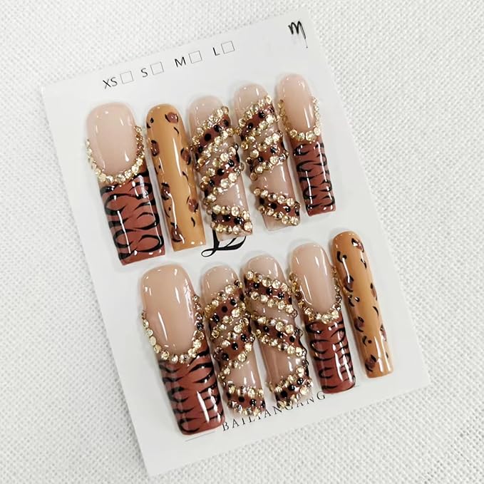 Handmade Press on Nails Extra Long Square Nails Press ons French Tip Leopard Fake Nails with Sparkly Rhinestones Designs False Nails Luxury Full Cove Acrylic Stick on Nail for Women DIY (Size M)