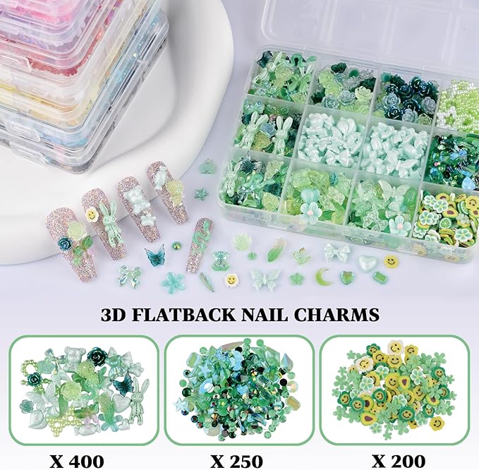 850 Pieces 3D Butterfly Rose Flower Bow Rabbit Bear Nail Charms Kit with Nail Art Rhinestones Pearls Crystal Gems Nail Slices for Manicure DIY Crafts Jewelry Accessories (Green)