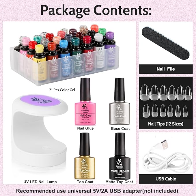LAVENDER VIOLETS Gel Nail Kit 240 Pcs Short Almond Nail Tips Extension, 21 Gel Colors with Portable U V Light, Nail Glue Base/Glossy/Matte Top Coat for Women Girls VC17