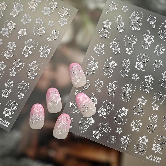 Spring Nail Stickers Silvery Flower Nail Art Stickers 5D Embossed Nail Decals White Butterfly Self-Adhesive Nail Art for Women Floral Nail Manicure Decoration