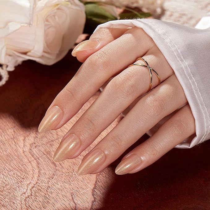 VSALON Press On Nails Short Almond, Light Apricot Gold Glitter Shimmer Sparkle Nails, Salon Quality Fake Nails Kit - 32 PCS Stick on Nails in 16 Sizes with UV Glue & Cuticle Oil