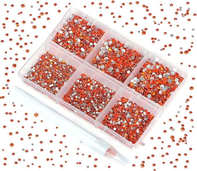 Bymitel 7200 Pieces 6 Mixed Sizes Glue Fix on Glass Rhinestones Round Crystal Gems Flatback for DIY Jewelry Making with one Picking Pen(6-Sizes 7200PCS, Hyacinth)
