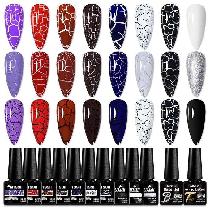MTSSII 12pc Crackle Gel Nail Polish Set - 7 Colors: Red, Purple, Orange, Pink, Green, Blue + White, Silver, Black - Quick Dry Nail Art Kit - Fall Gift for Women
