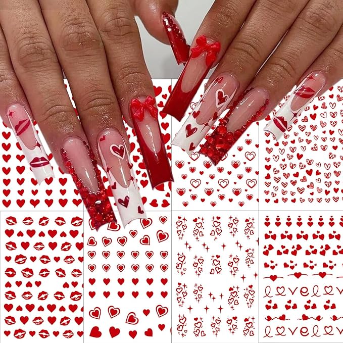 8 Sheets Red Heart Nail Art Stickers Romantic Valentines Nail Stickers 3D Self-Adhesive Love Lips Crown Nail Design Decals French Tip Nails Art Supplies for Women Holiday Decor Valentine Manicure Set