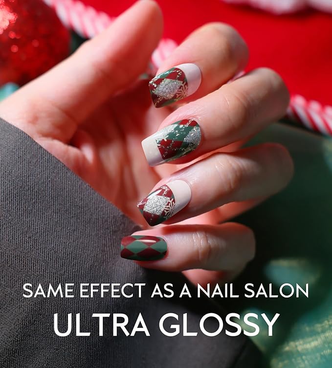 Semi Cured Gel Nail Strips - UV Light Gel Nail Stickers - 20 Long Lasting Salon Quality Wraps (Christmas Cheer Plaid Red&Green)