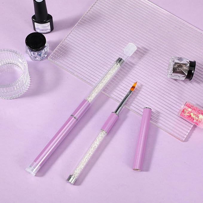 2PCS Nail Ombre Brush Nail Painting Art Brushes with Rhinestone Handle UV Gel Polish Nails Drawing Pen Nails Art Brushes for Nail Design