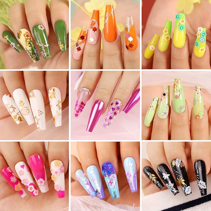 Teenitor 12 Sheets Nail Art Sticker 3D Self-Adhesive, Nail Art Decoration with 5 Boxes Holographic Glitter Flakes Butterfly Heart Star Maple Leaf Nail Sequins and Flower Slices