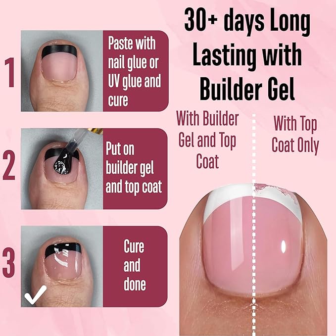 NOVO OVO Halloween Black French Tip Toe Nail Tips Press on, Soft Gel Toenail Extension, BERRY PINK Square Round Pre-applied Tip Primer & Base Coat, Full Cover Matte Nails for DIY x 15 Sizes 360Pcs