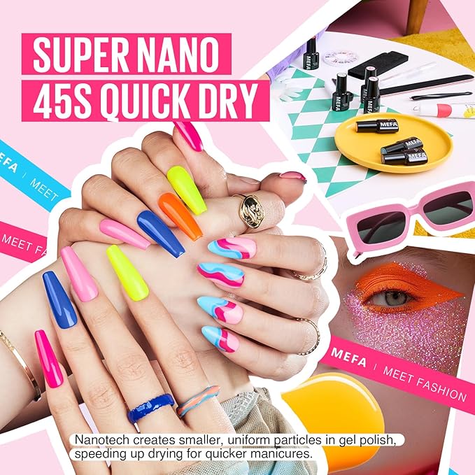 MEFA 35 Pcs Gel Nail Polish Set, 32 Colors Christmas Neon Rainbow Bright Gel Nail Polish Yellow Hot Pink Nail Art Manicure DIY Decoration Beginners Salon Home Gift for Women